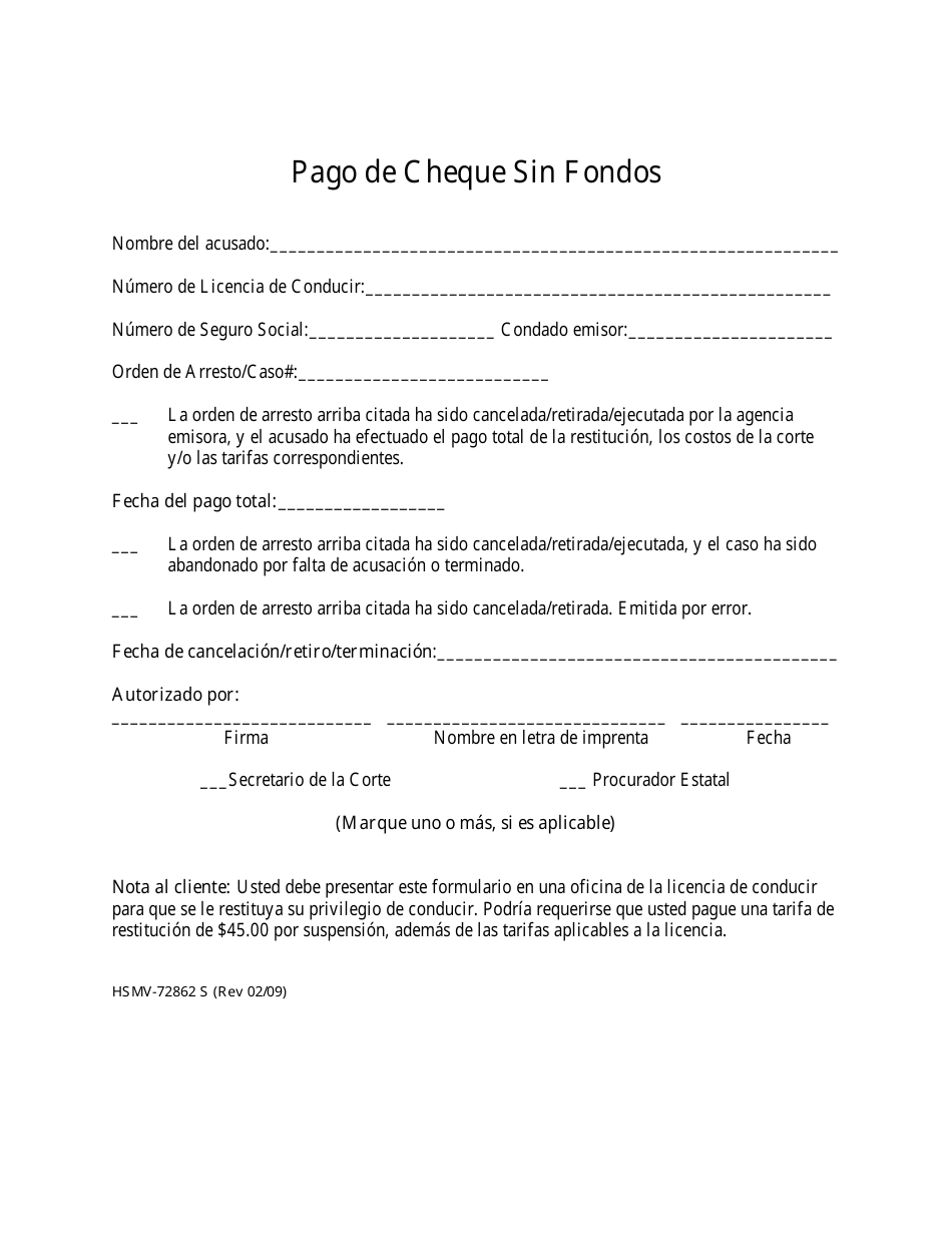 Formulario HSMV72862 S Pago De Cheque Sin Fondos - Florida (Puerto Rican Spanish), Page 1