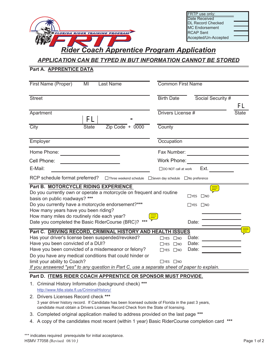 Form HSMV77058 Rider Coach Apprentice Program Application - Florida, Page 1