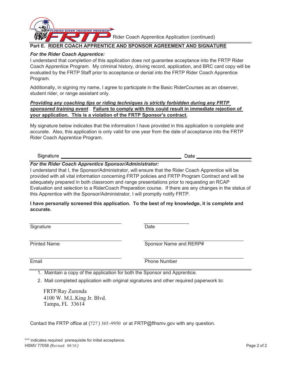 Form HSMV77058 Rider Coach Apprentice Program Application - Florida, Page 2