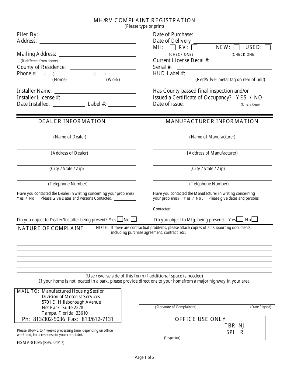 Form HSMV-81095 Mh / Rv Comnlaint Registration - Florida, Page 1