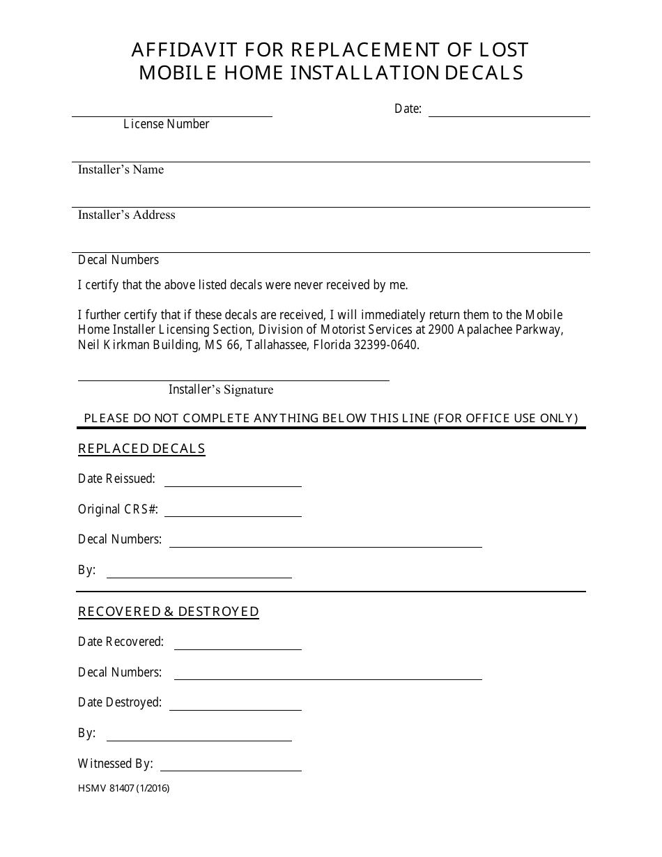 Form HSMV81407 Affidavit for Replacement of Lost Mobile Home Installation Decals - Florida, Page 1