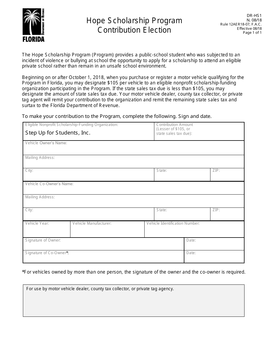 Form DR-HS1 Hope Scholarship Program Contribution Election - Florida, Page 1