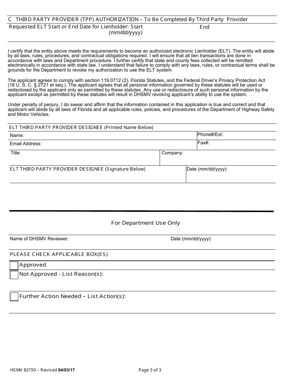 Form HSMV82150 Application and Notice of Interest - Electronic Lien and Title Process - Florida, Page 3