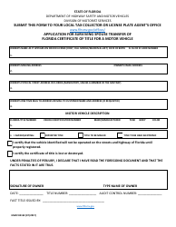 Document preview: Form HSMV82152 Application for Surviving Spouse Transfer of Florida Certificate of Title for a Motor Vehicle - Florida