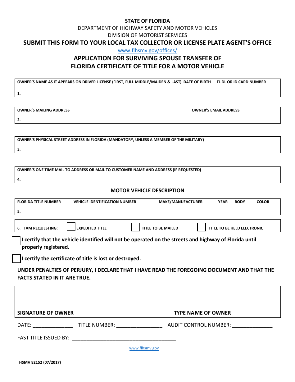 Form HSMV82152 Application for Surviving Spouse Transfer of Florida Certificate of Title for a Motor Vehicle - Florida, Page 1