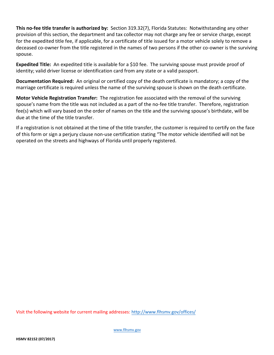Form HSMV82152 Application for Surviving Spouse Transfer of Florida Certificate of Title for a Motor Vehicle - Florida, Page 2