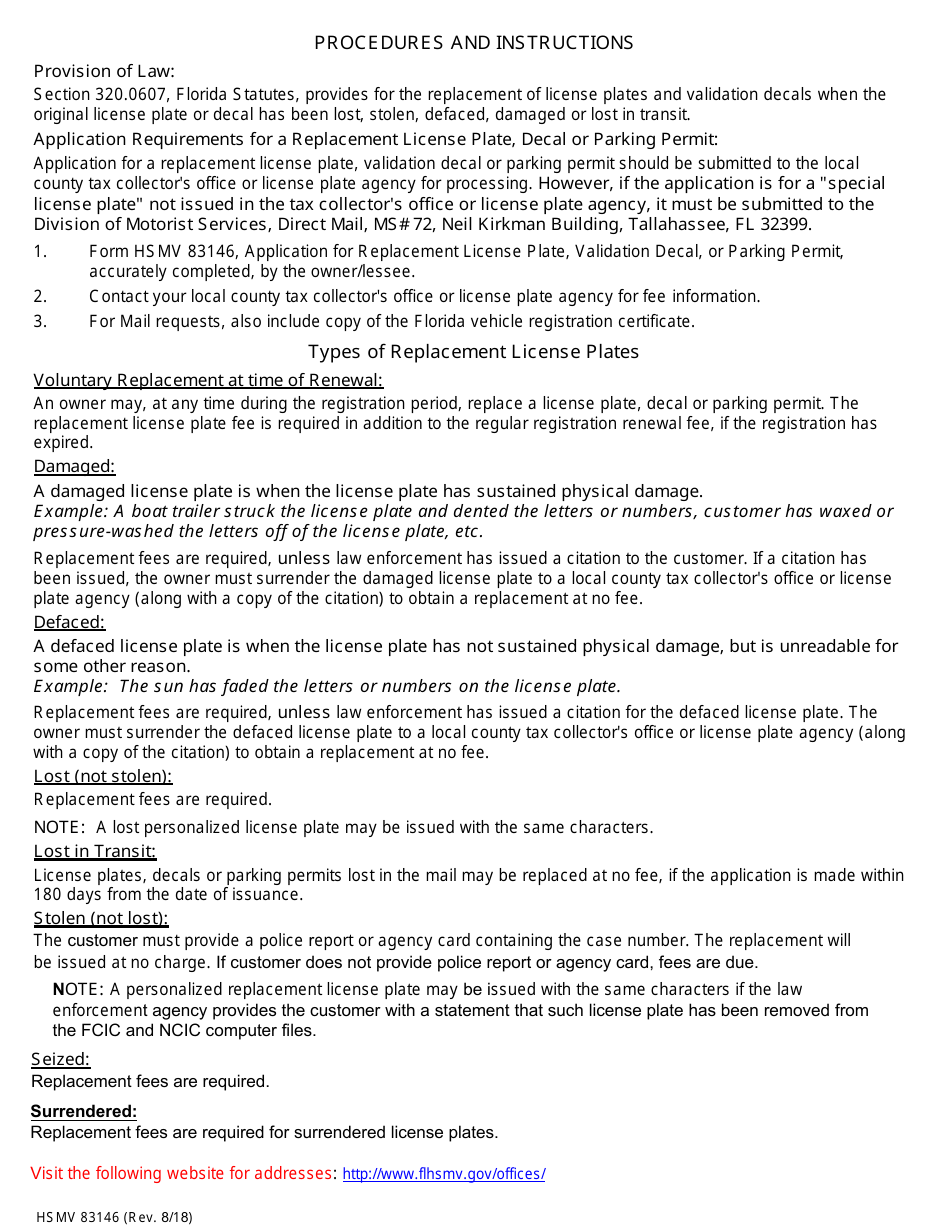 Form HSMV83146 Application for Replacement License Plate, Validation Decal or Parking Permit - Florida, Page 2