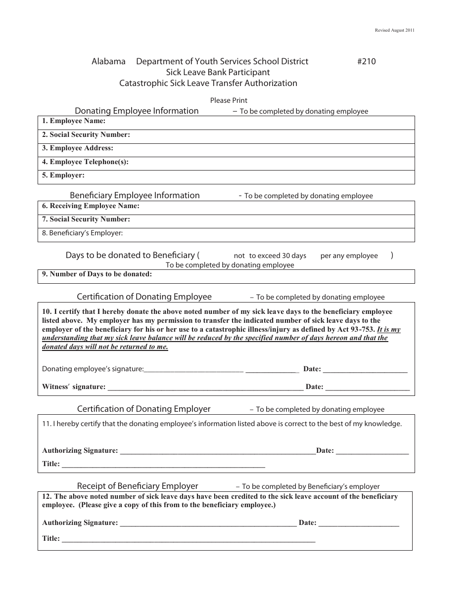 Alabama Catastrophic Sick Leave Transfer Authorization Form Download ...