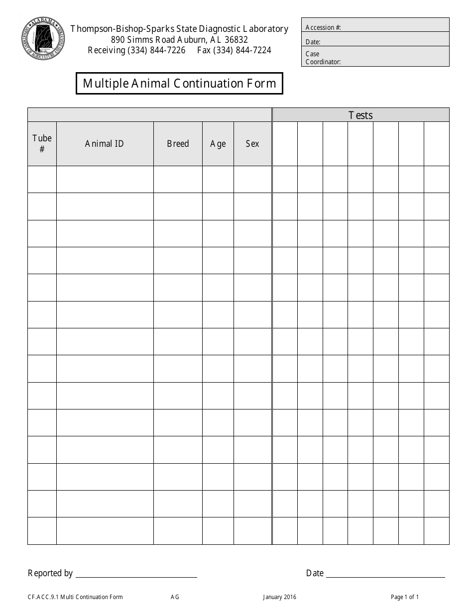 Multiple Animal Continuation Form - Alabama, Page 1