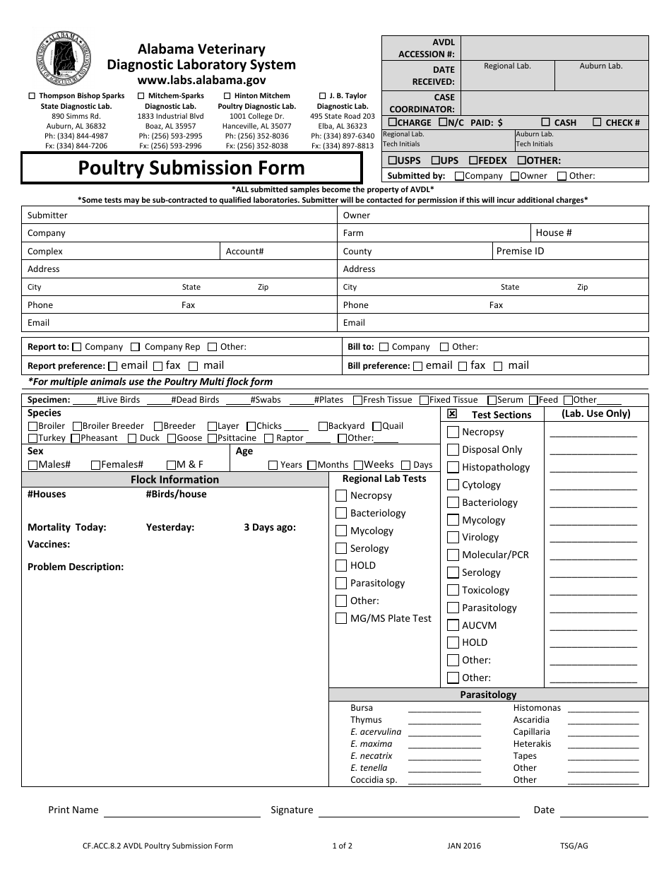 Form CF.ACC.8.2 Poultry Submission Form - Alabama, Page 1