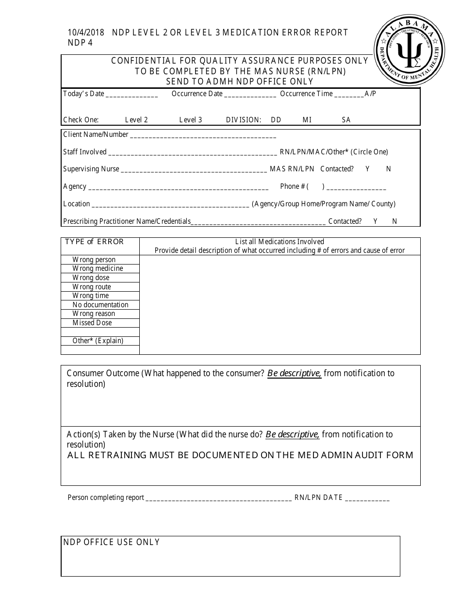 Form NDP4 Level 2 or Level 3 Medication Error Form - Alabama, Page 1
