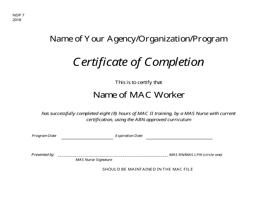 Form NDP7 Certificate of Completion - Alabama, Page 1