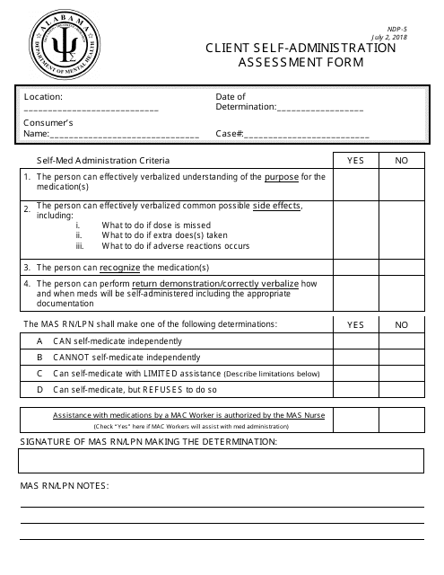 Form NDP5 Client Self-administration Assessment Form - Alabama