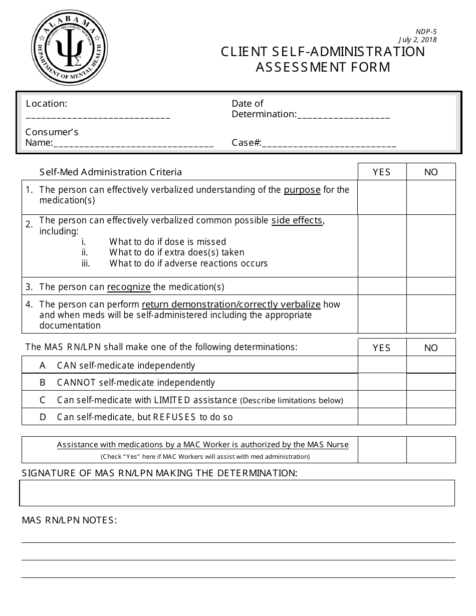 Form NDP5 Client Self-administration Assessment Form - Alabama, Page 1