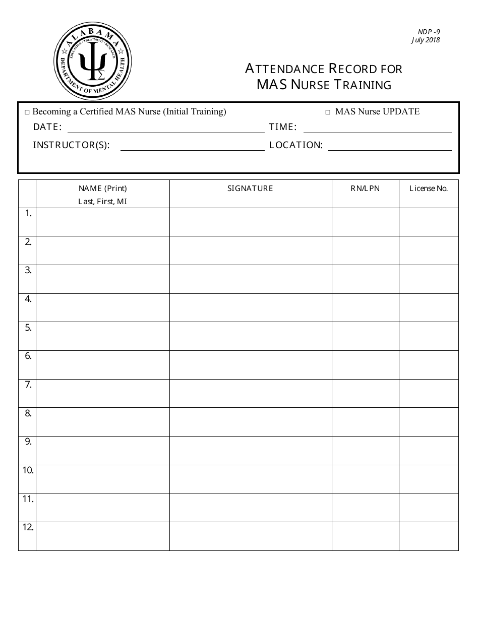 Form NDP9 Attendance Record for Mas Nurse Training - Alabama, Page 1