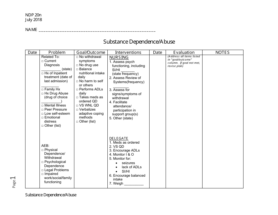 Form NDP20N Substance Dependence / Abuse - Alabama, Page 1