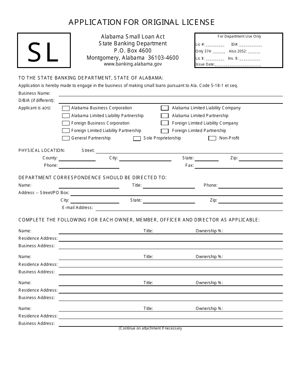 Form SL Application for Original License - Alabama, Page 1