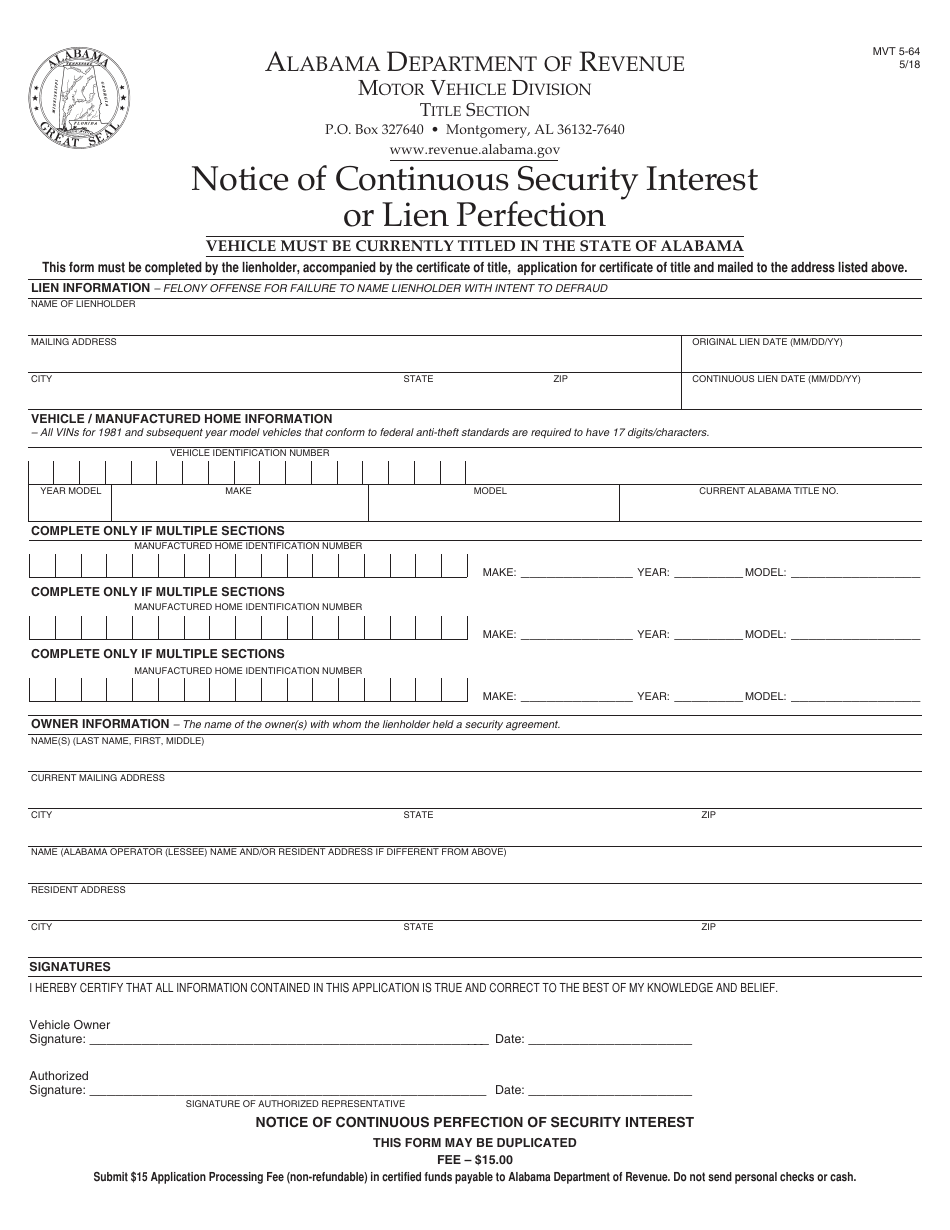Form MVT5-64 Notice of Continuous Security Interest or Lien Perfection - Alabama, Page 1