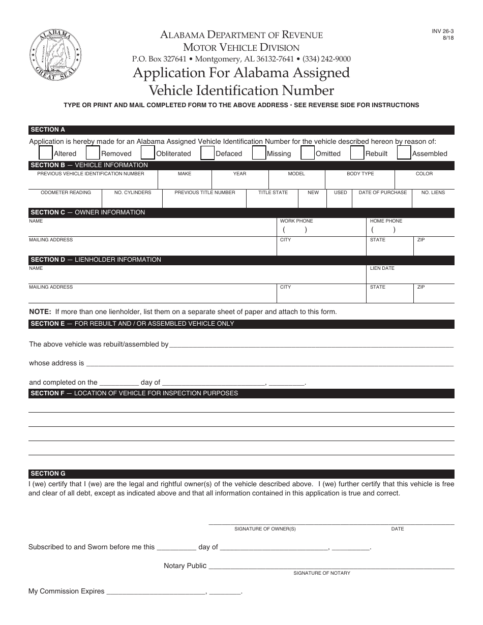 Form INV36-3 Application for Alabama Assigned Vehicle Identification Number for an Assembled Vehicle or Plate Only - Alabama, Page 1