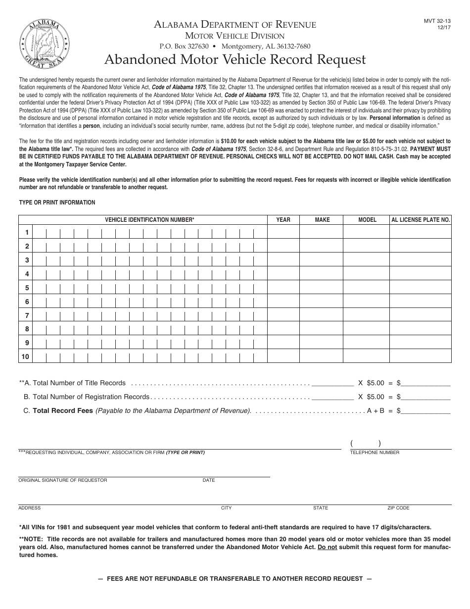 Form MVT32-13 Abandoned Motor Vehicle Record Request - Alabama, Page 1
