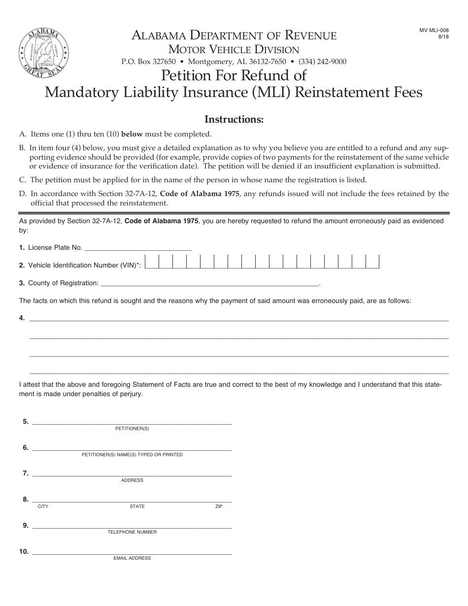 Form MV MLI-008 Petition for Refund of Mandatory Liability Insurance (Mli) Reinstatement Fees - Alabama, Page 1