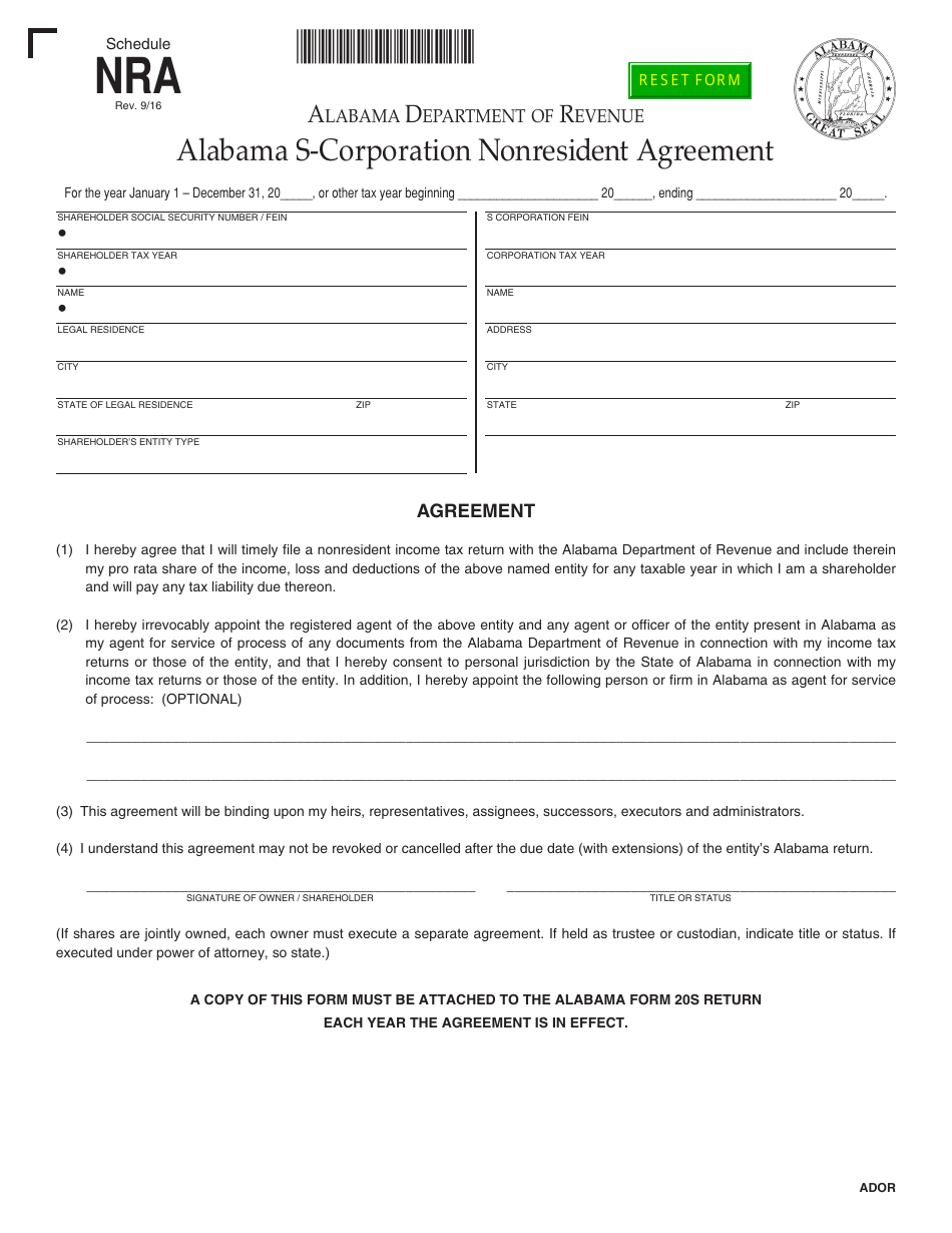 Schedule NRA Alabama S-Corporation Nonresident Agreement - Alabama, Page 1