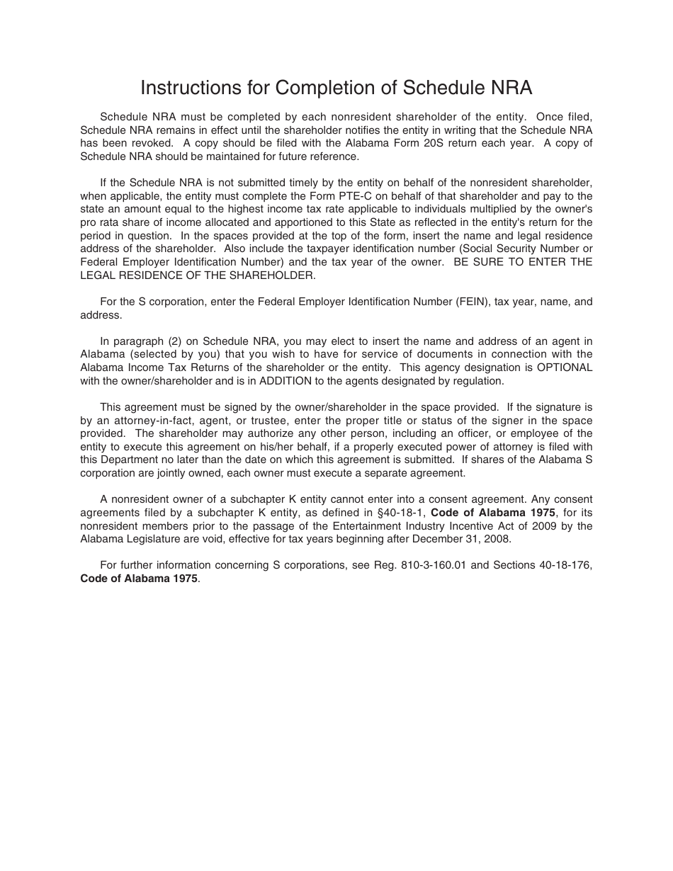 Schedule NRA Alabama S-Corporation Nonresident Agreement - Alabama, Page 2