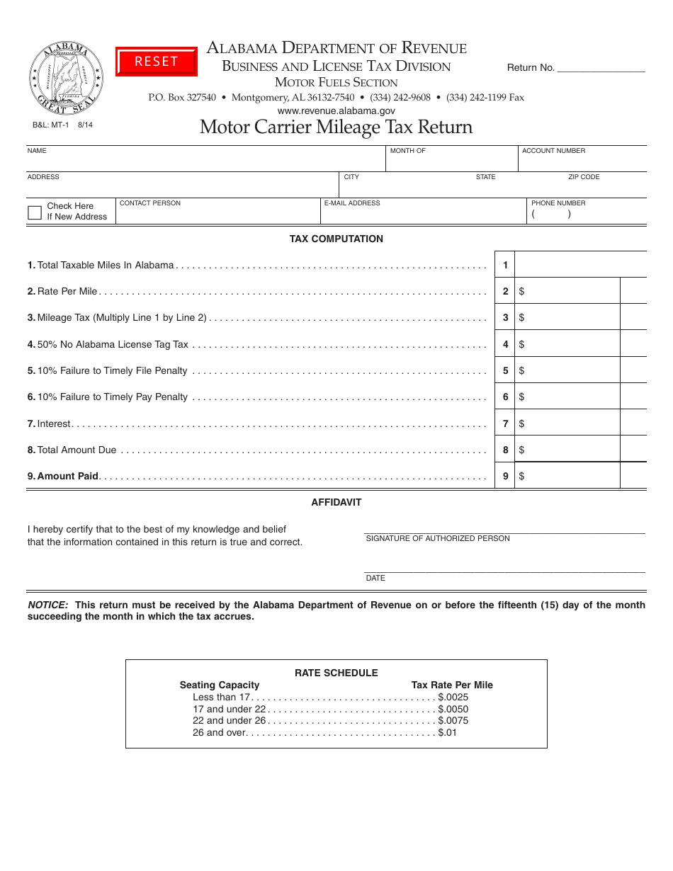 Form BL: MT-1 Motor Carrier Mileage Tax Return - Alabama, Page 1