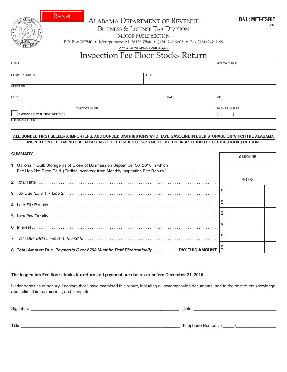 Form BL:MFT-FSRIF Inspection Fee Floor-Stocks Return - Alabama, Page 1