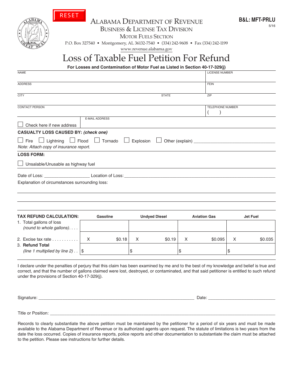 Form BL: MFT-PRLU Loss of Taxable Fuel Petition for Refund - Alabama, Page 1