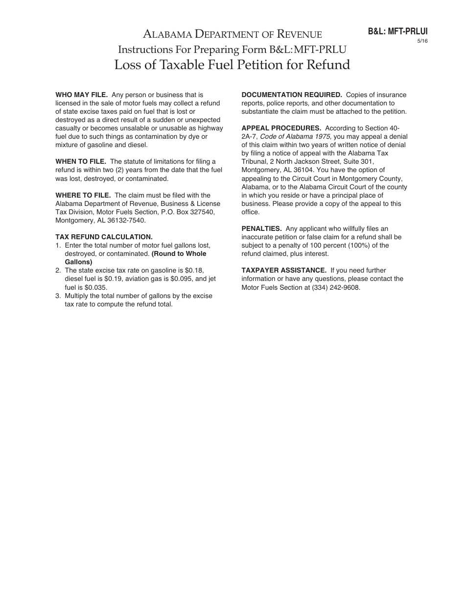 Form BL: MFT-PRLU Loss of Taxable Fuel Petition for Refund - Alabama, Page 2