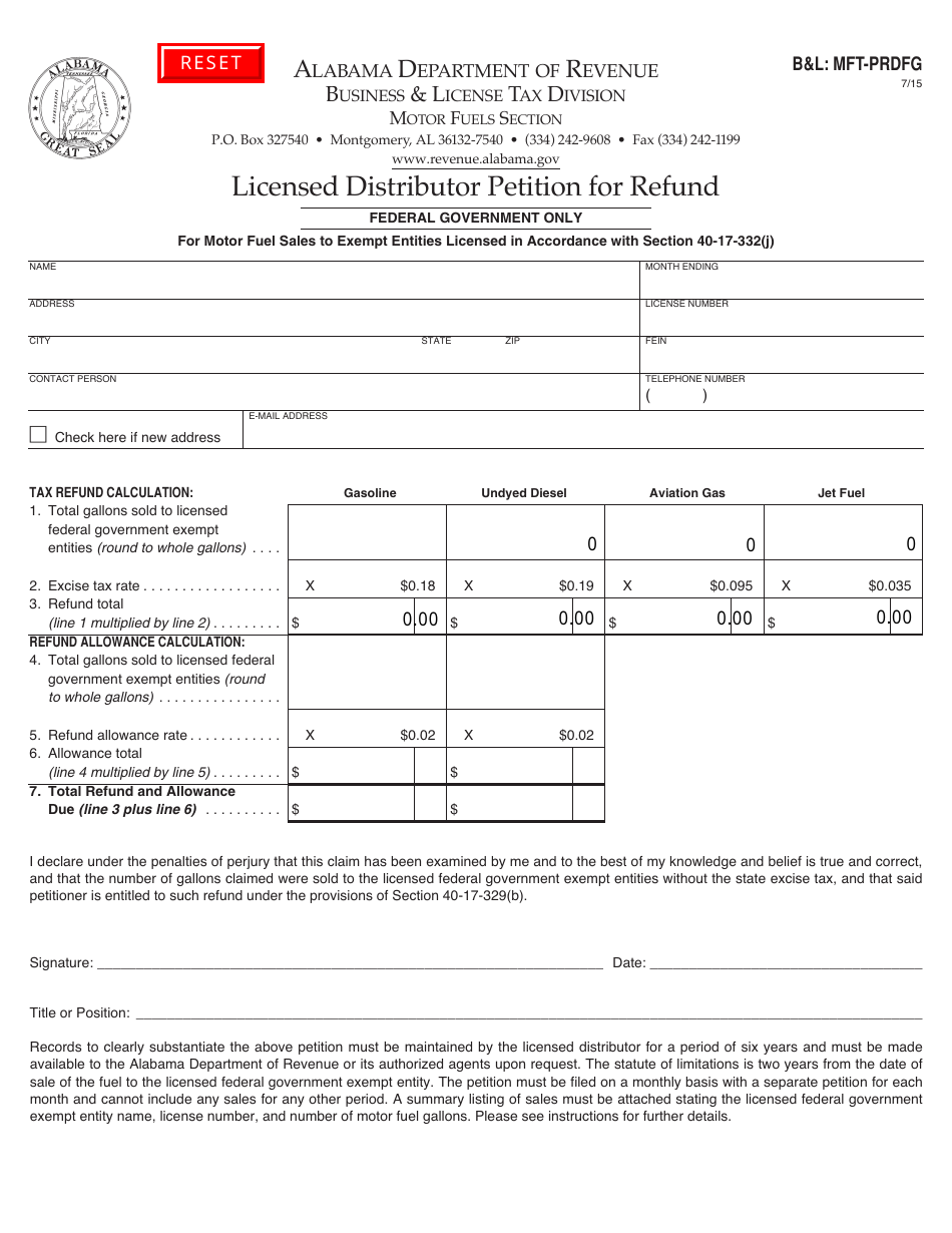 Form BL: MFT-PRDFG Licensed Distributor Petition for Refund - Alabama, Page 1