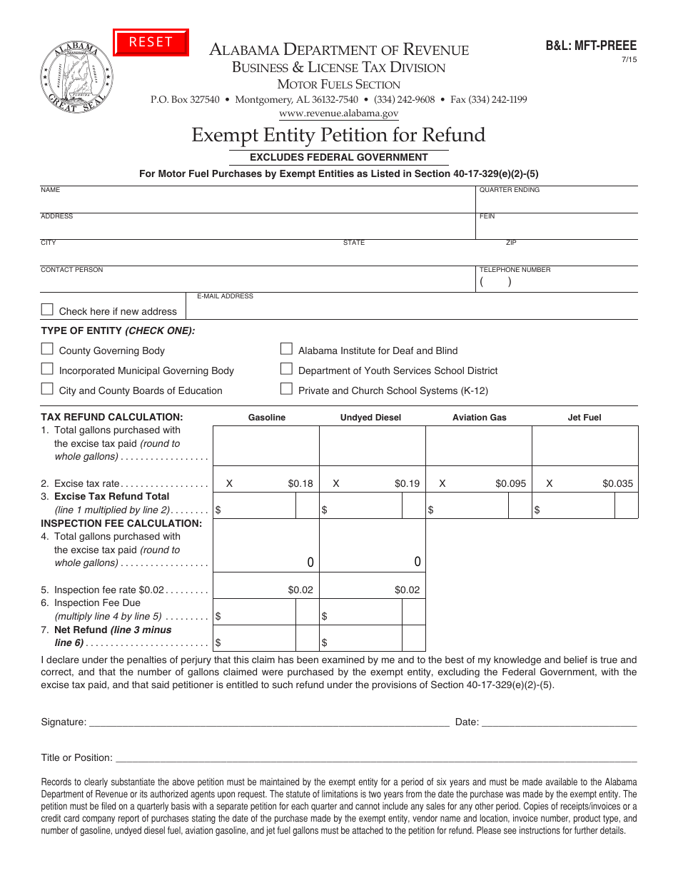 Form BL: MFT-PREEE Exempt Entity Petition for Refund - Excludes Federal Government - Alabama, Page 1