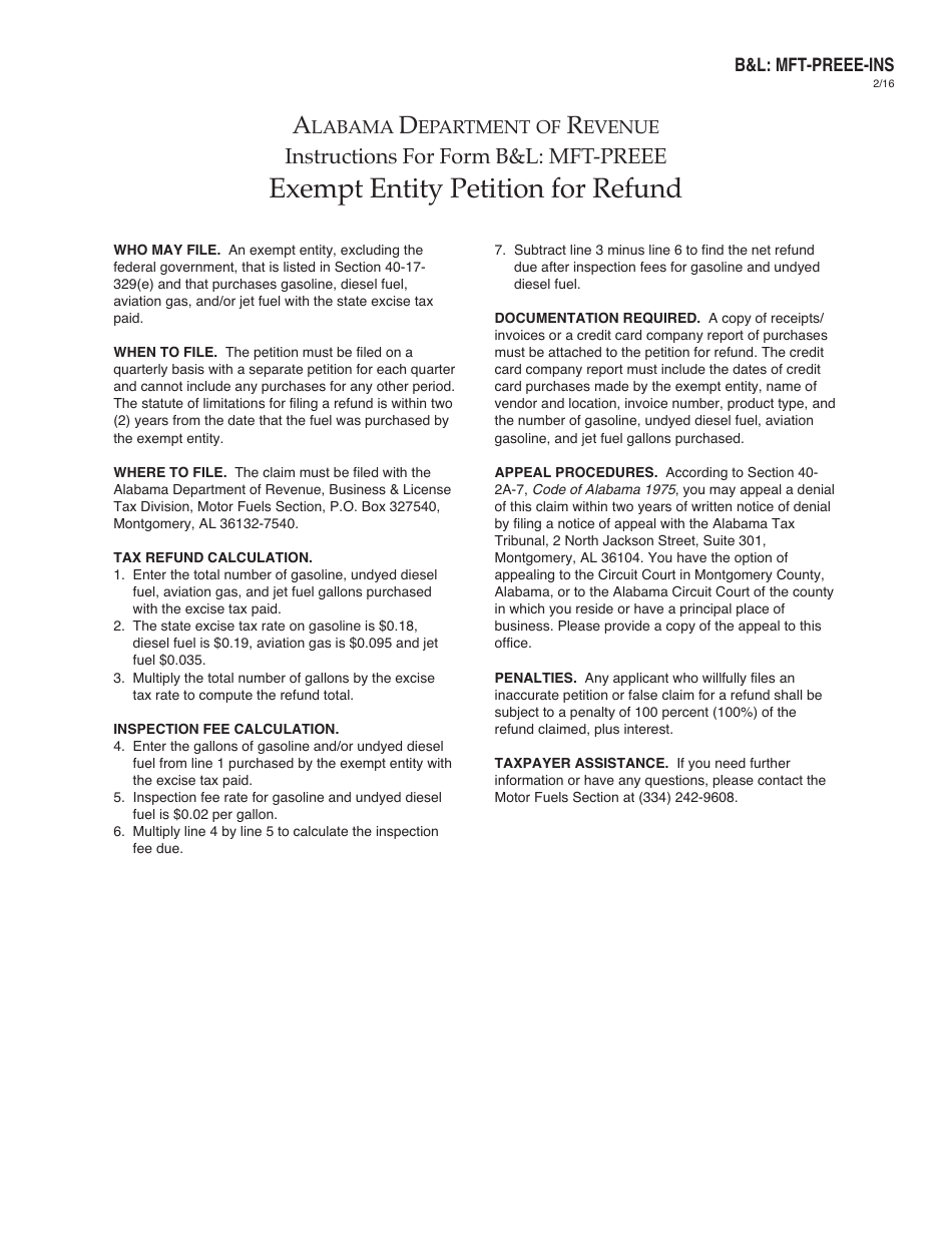 Form BL: MFT-PREEE Exempt Entity Petition for Refund - Excludes Federal Government - Alabama, Page 2
