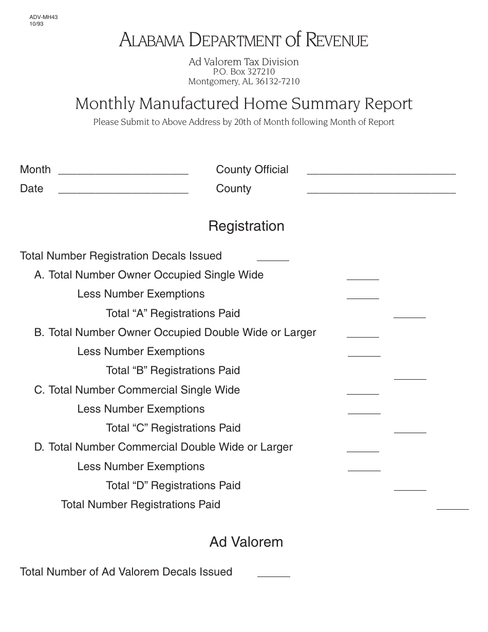 Form ADV-MH43 Monthly Manufactured Home Summary Report - Alabama, Page 1