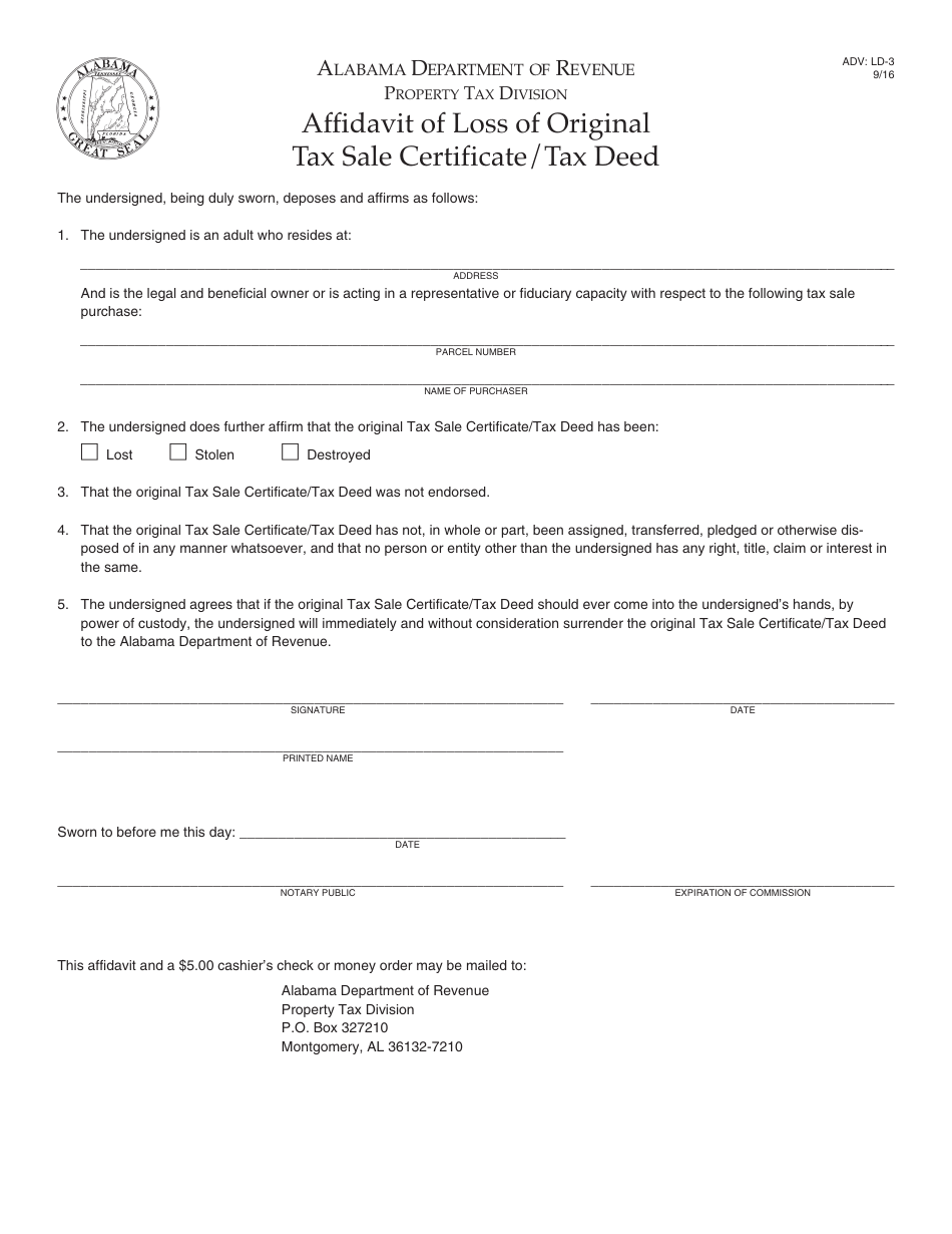 Form ADV: LD-3 Affidavit of Loss of Original Tax Sale Certificate / Tax Deed - Alabama, Page 1