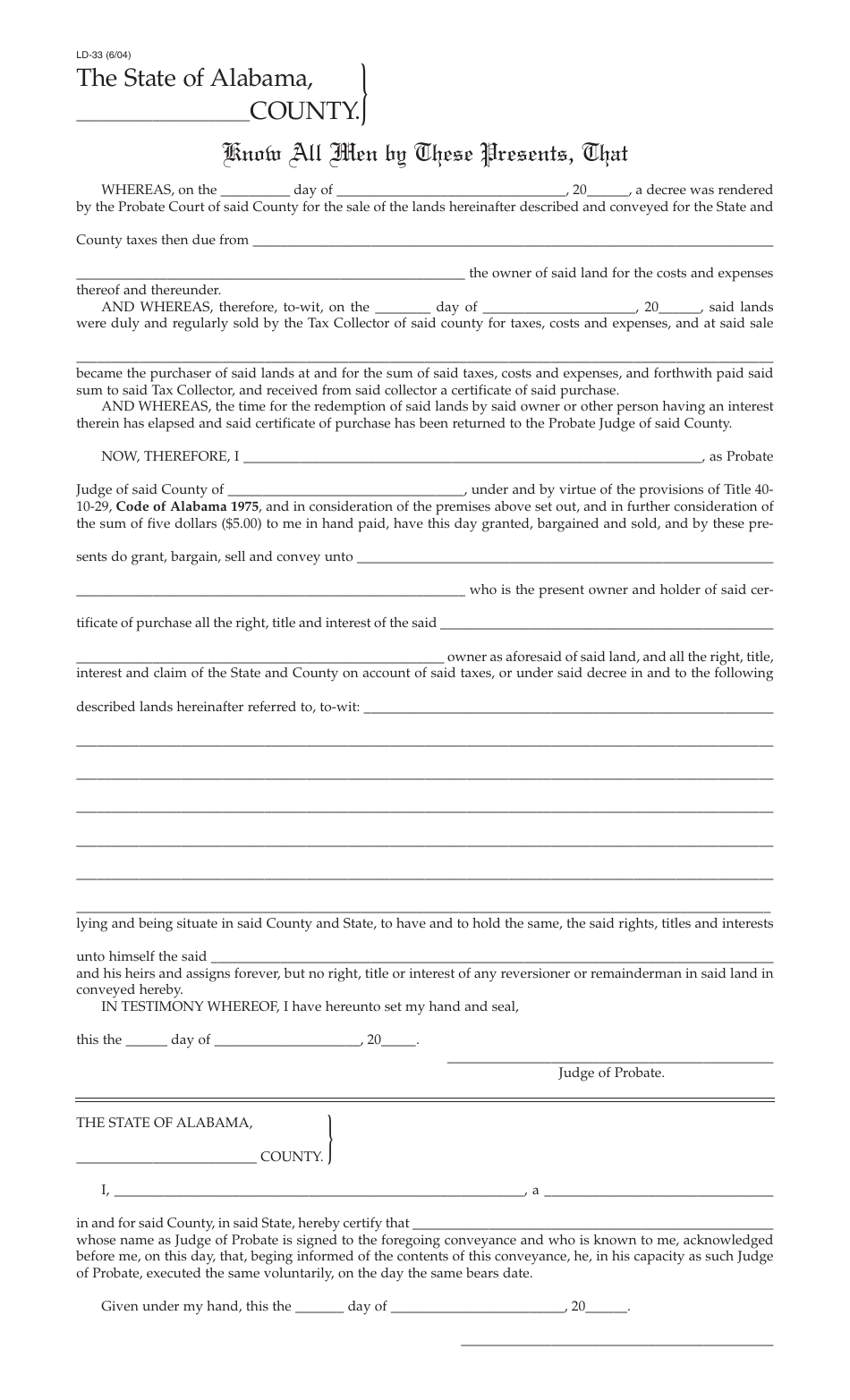 Form ADV: LD-33 Tax Deed Issued by County, for County Use Only - Alabama, Page 1
