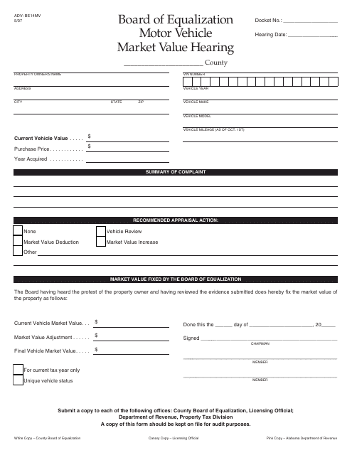 Form ADV: BE14MV  Printable Pdf