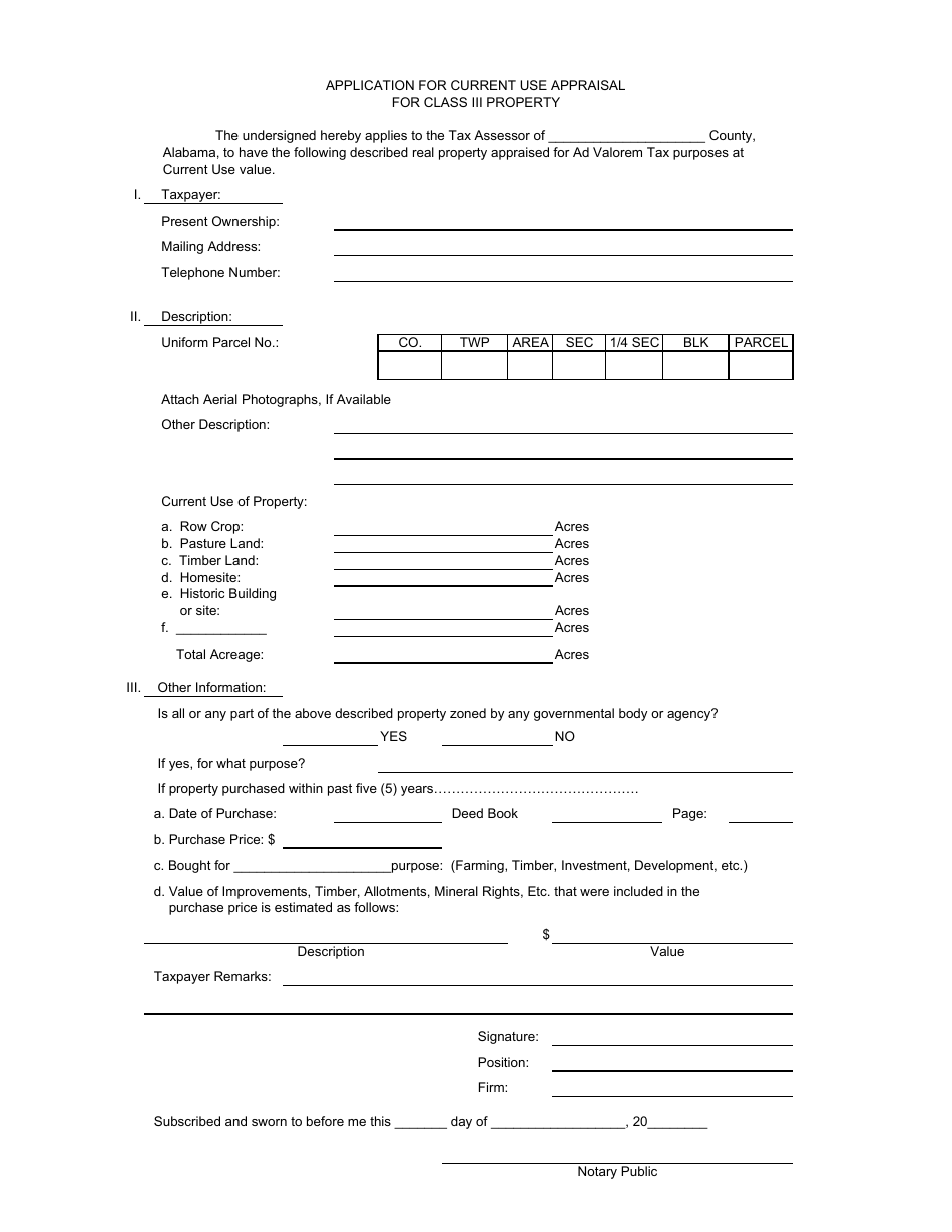 Application for Current Use Appraisal for Class Iii Property - Alabama, Page 1