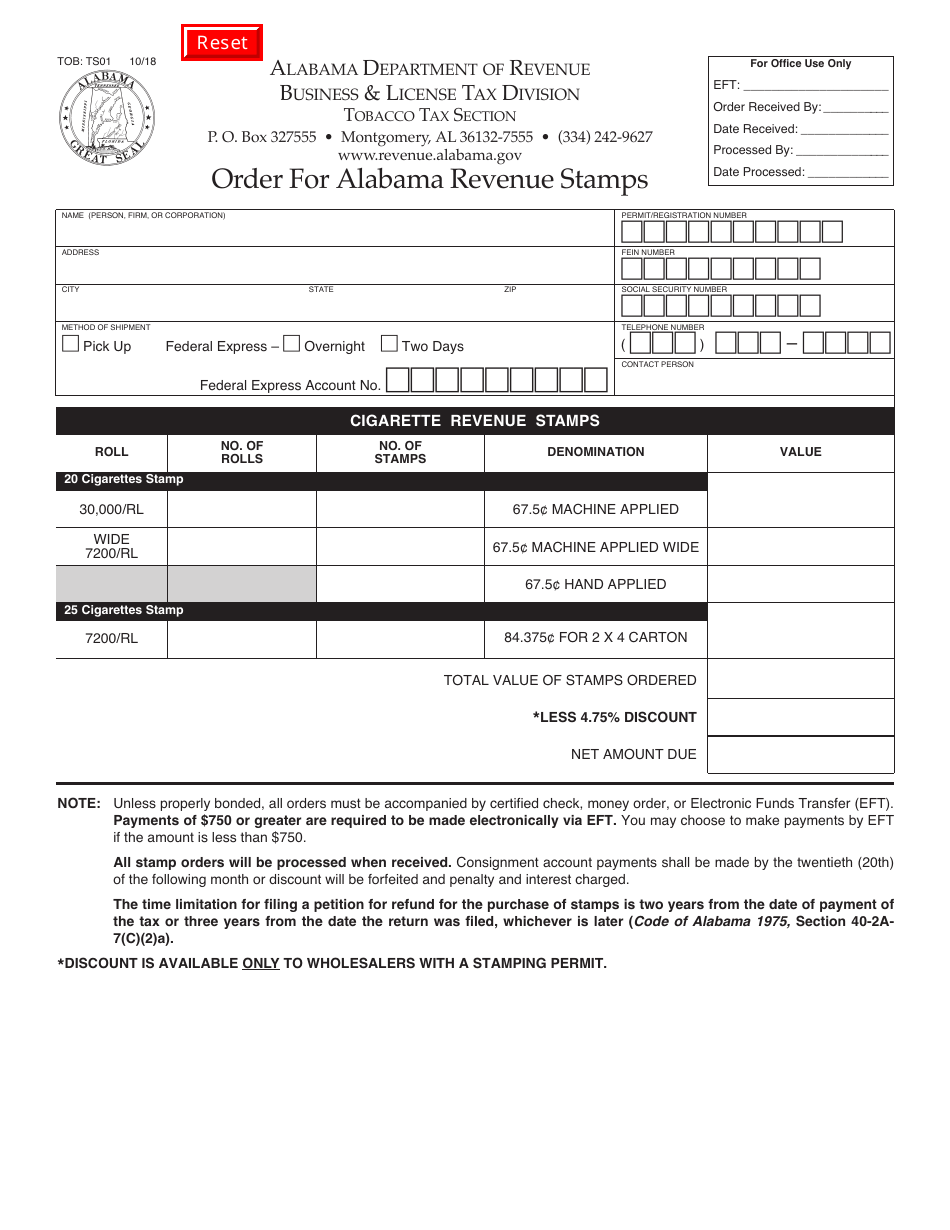 Form TOB: TS01 Order for Alabama Revenue Stamps - Alabama, Page 1
