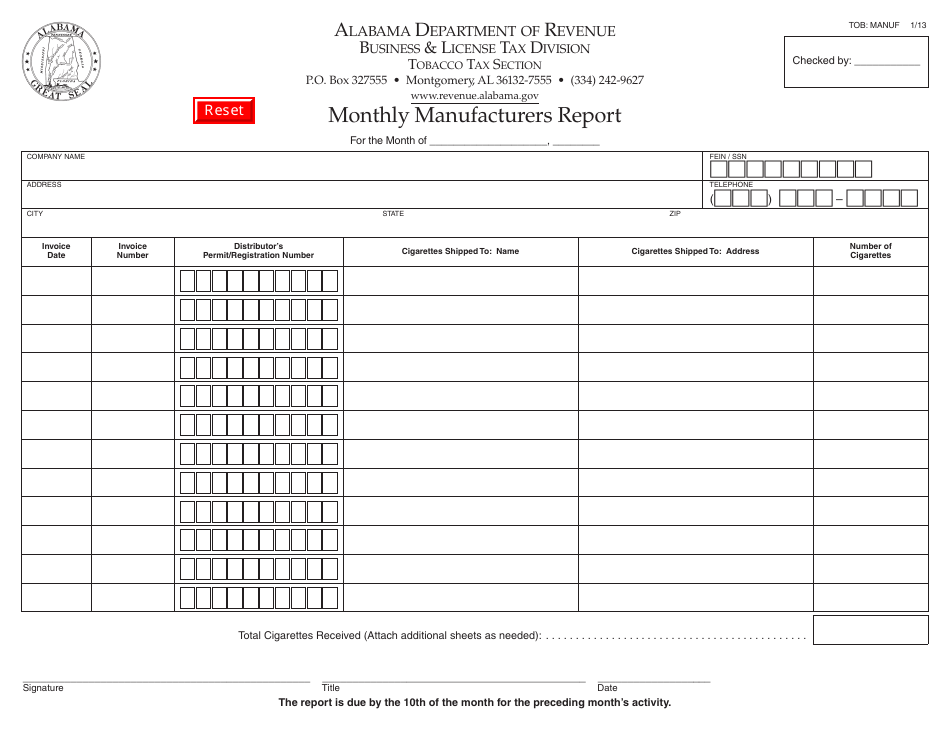 Form TOB: MANUF Monthly Manufacturers Report - Alabama, Page 1