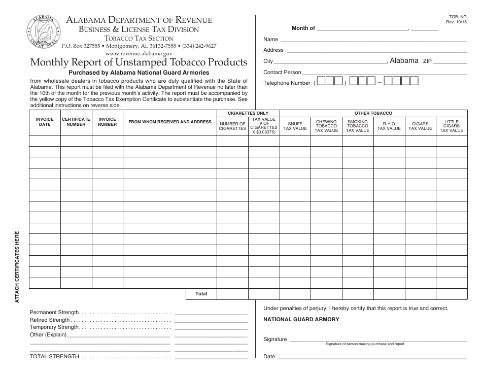 Form TOB: NG Monthly Report of Unstamped Tobacco Products - Alabama, Page 1