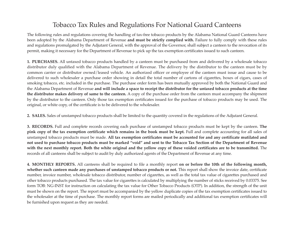 Form TOB: NG Monthly Report of Unstamped Tobacco Products - Alabama, Page 2