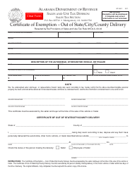 Form ST: EX-1 &quot;Certificate of Exemption - out of State/City/County Delivery&quot; - Alabama
