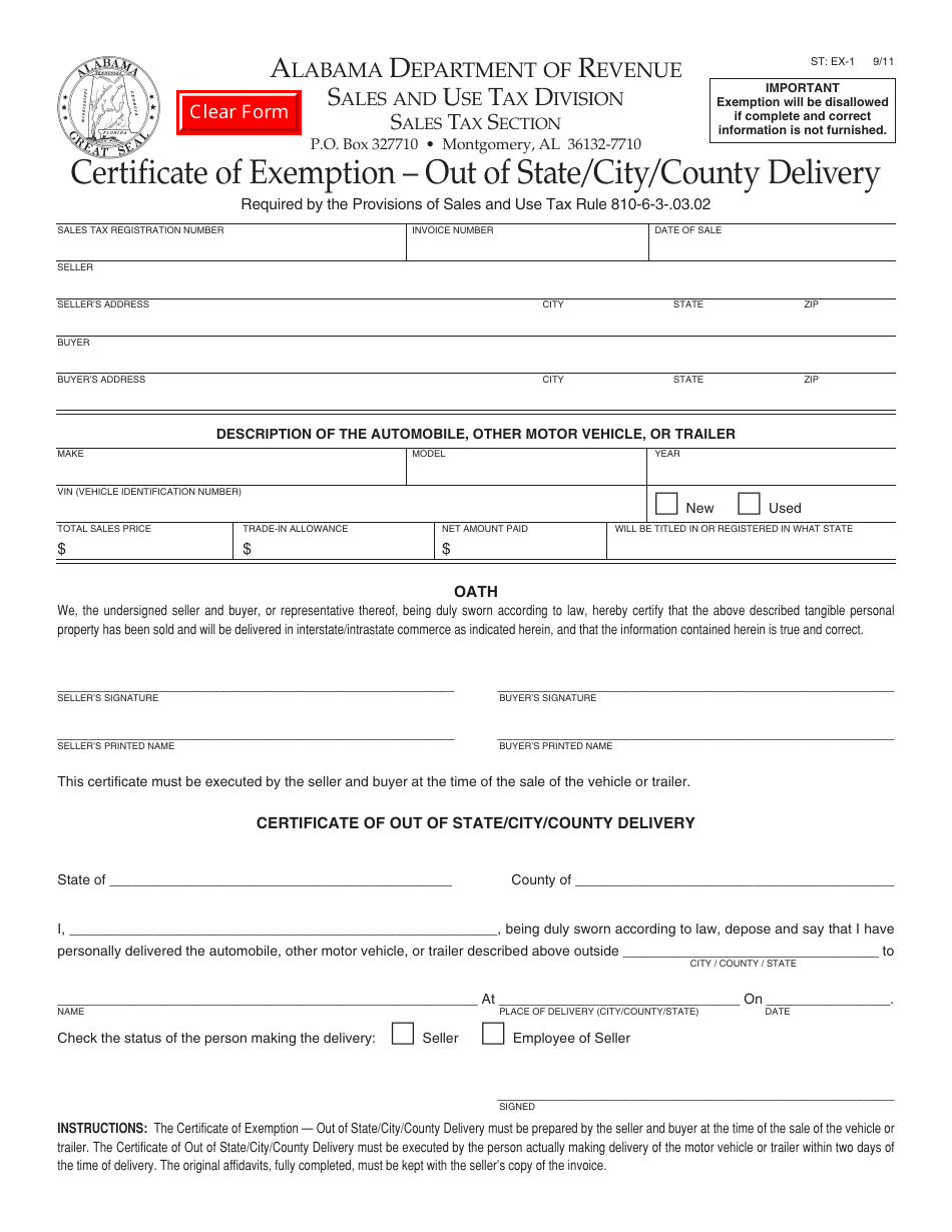 Form ST: EX-1 Certificate of Exemption - out of State / City / County Delivery - Alabama, Page 1
