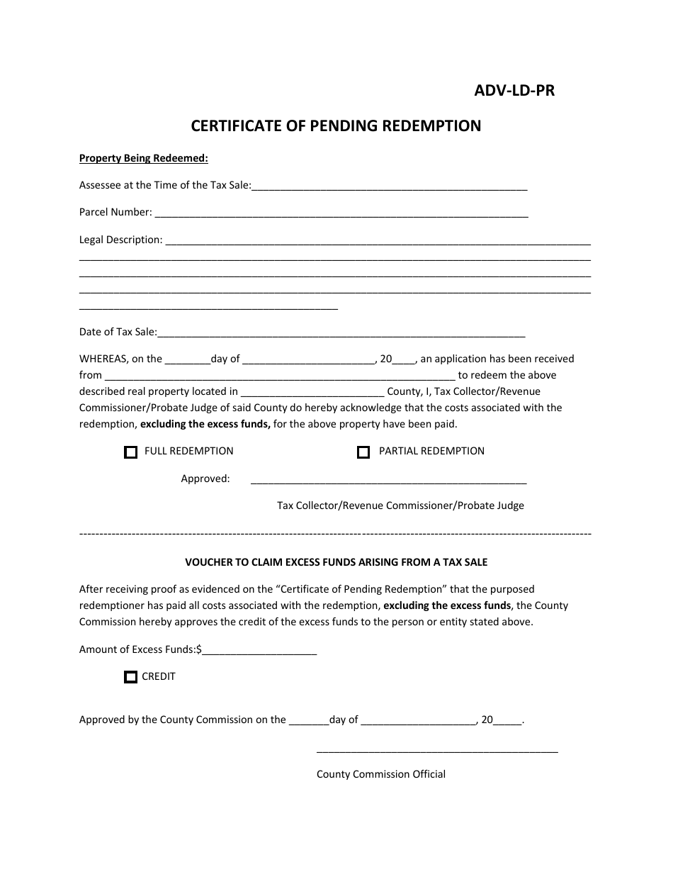 Form ADV-LD-PR Certificate of Pending Redemption - Alabama, Page 1