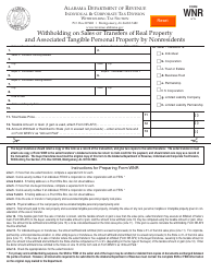 Document preview: Form WNR Withholding Sales or Transfers of Real Property and Associated Tangible Personal Property by Nonresidents - Alabama