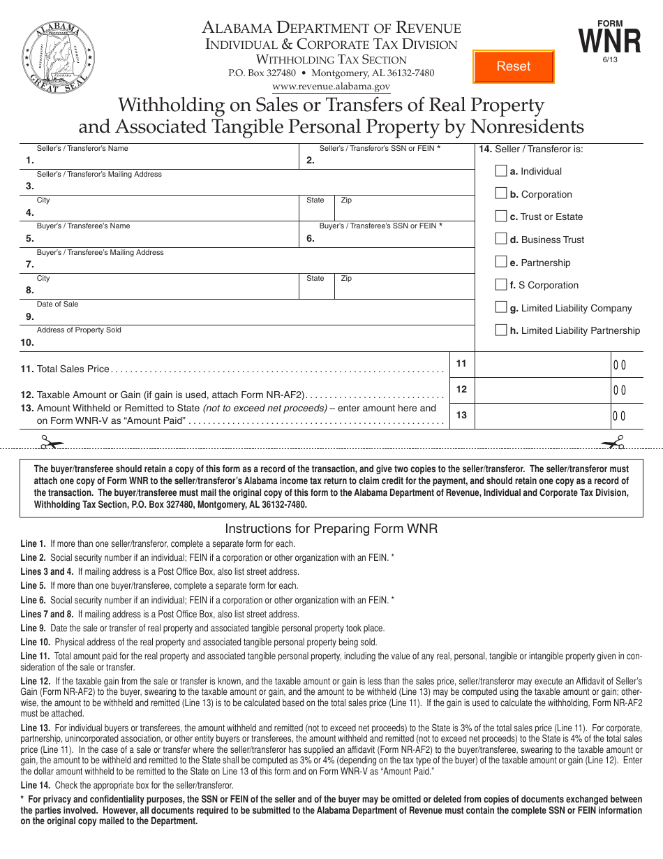 Form WNR Withholding Sales or Transfers of Real Property and Associated Tangible Personal Property by Nonresidents - Alabama, Page 1