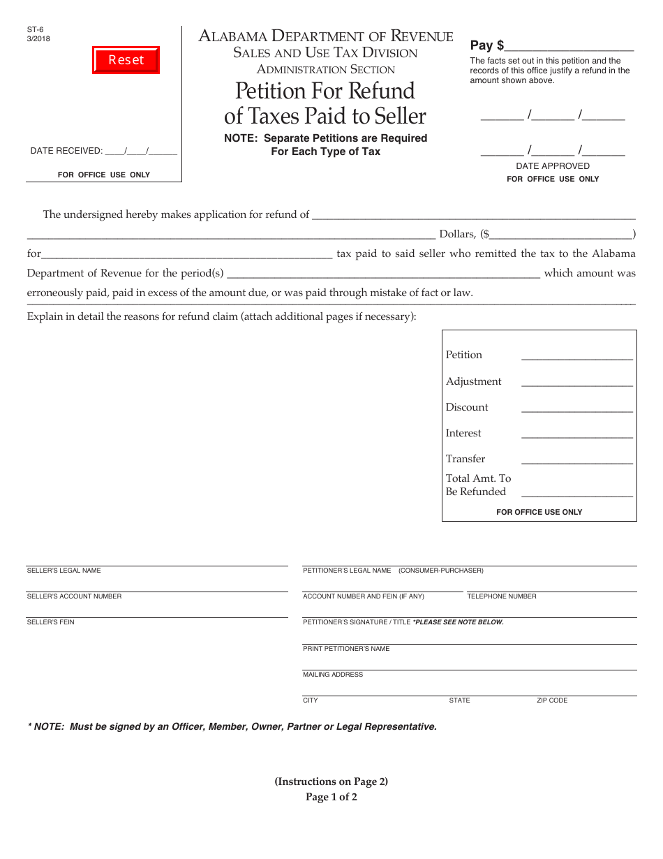 Form ST-6 Petition for Refund of Taxes Paid to Seller - Alabama, Page 1