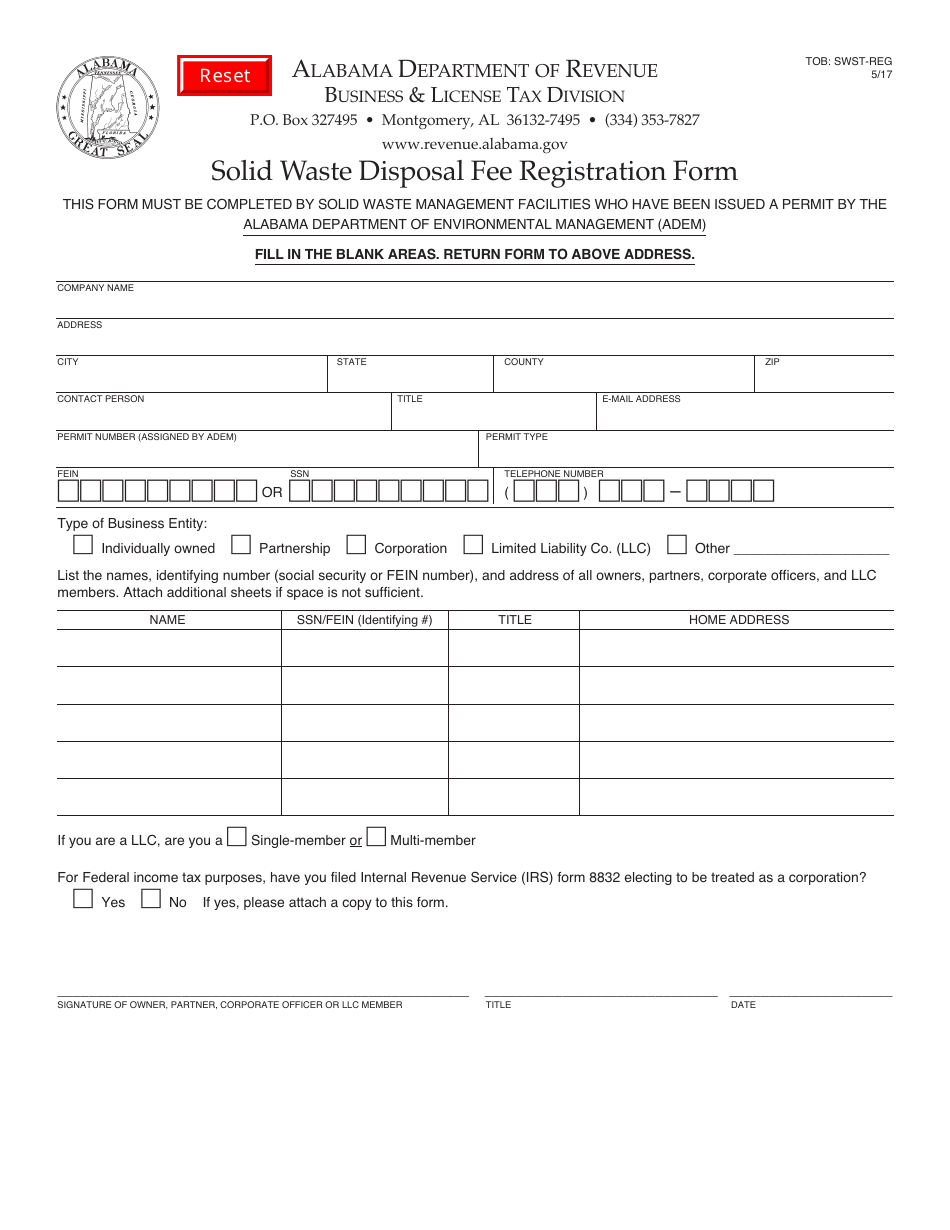 Form TOB: SWST-REG Solid Waste Disposal Fee Registration Form - Alabama, Page 1